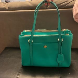 Green Leather Coach Purse—Zipper Storage Pockets